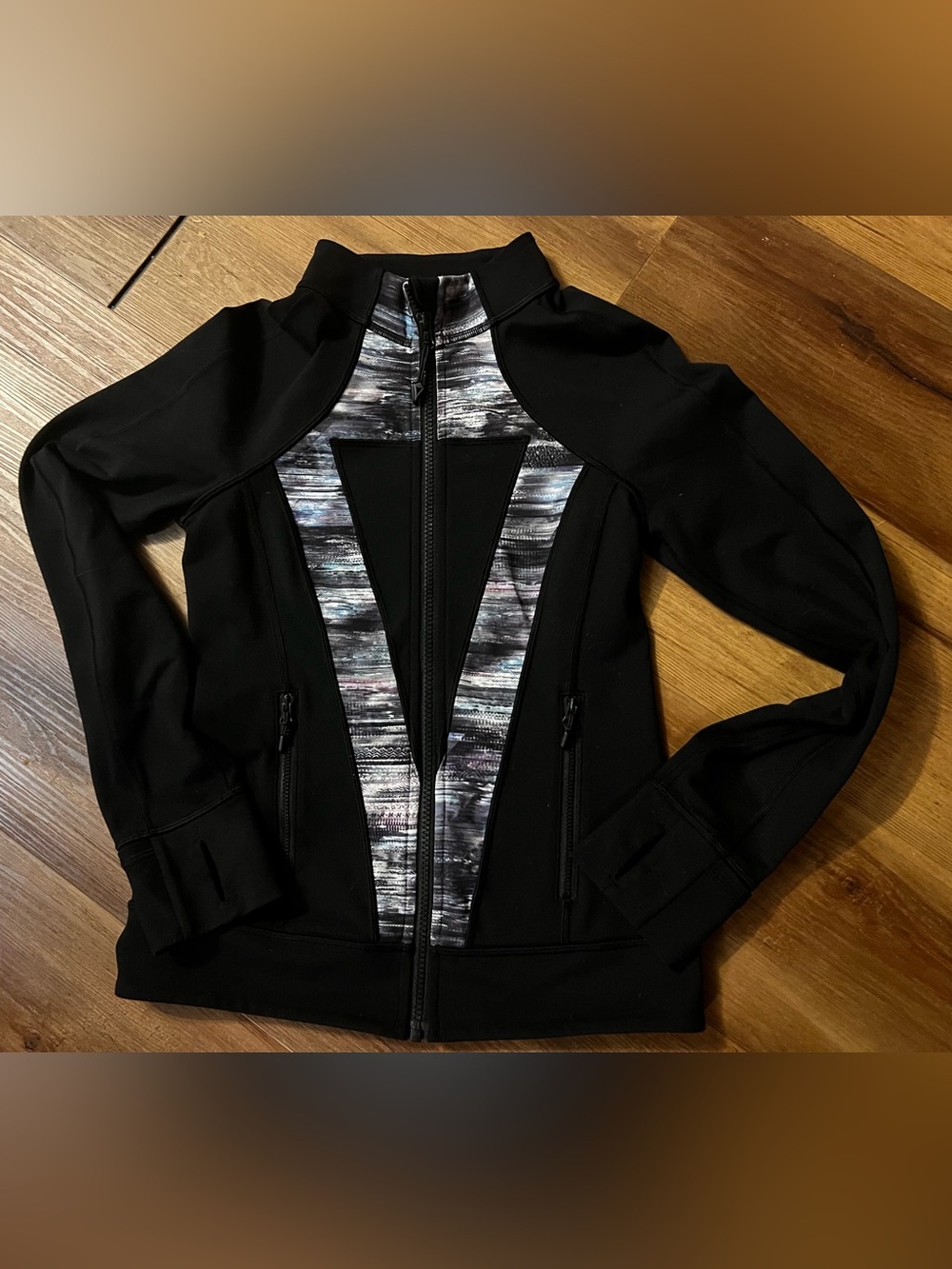 Ivivva Black Jacket with Gray-White Marled Stripe Panels